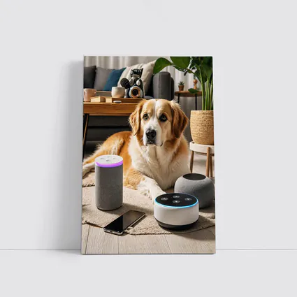 Golden Retriever Relaxing With Smart Home Speakers