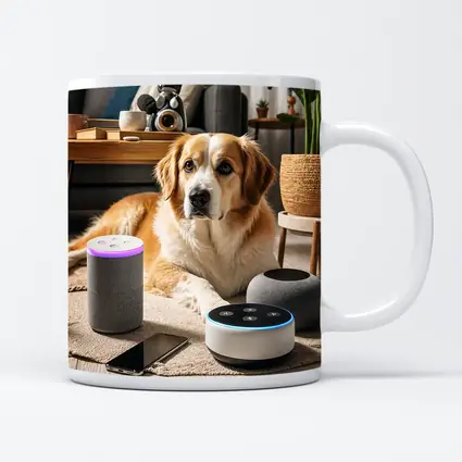 Golden Retriever Relaxing With Smart Home Speakers