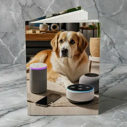 Golden Retriever Relaxing With Smart Home Speakers