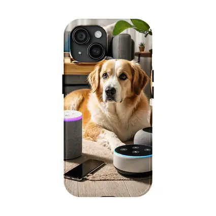 Golden Retriever Relaxing With Smart Home Speakers