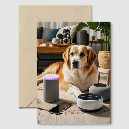 Golden Retriever Relaxing With Smart Home Speakers