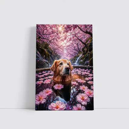 Golden Retriever Bathing Under Cherry Blossoms
