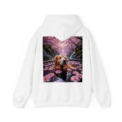 Golden Retriever Bathing Under Cherry Blossoms