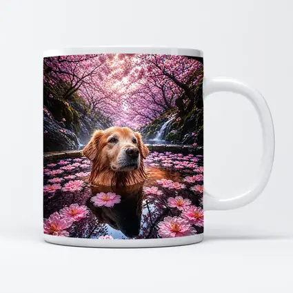 Golden Retriever Bathing Under Cherry Blossoms