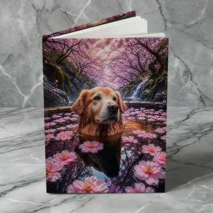 Golden Retriever Bathing Under Cherry Blossoms