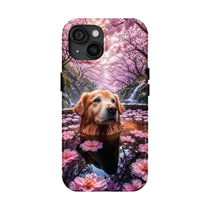 Golden Retriever Bathing Under Cherry Blossoms