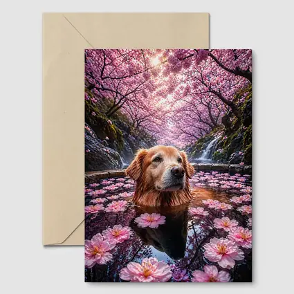 Golden Retriever Bathing Under Cherry Blossoms