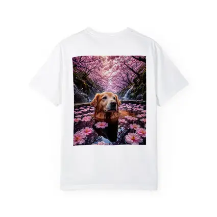 Golden Retriever Bathing Under Cherry Blossoms