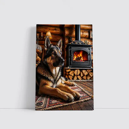 German Shepherd Resting By Cabin Fireplace