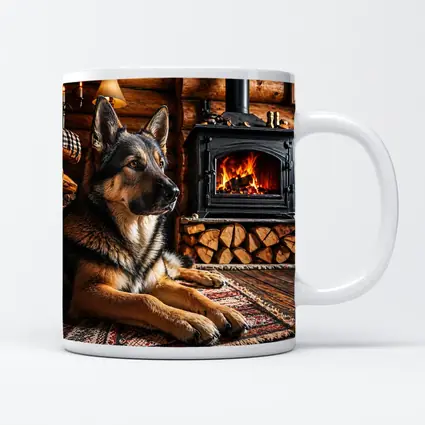 German Shepherd Resting By Cabin Fireplace
