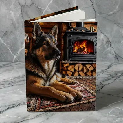 German Shepherd Resting By Cabin Fireplace
