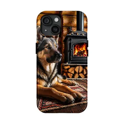 German Shepherd Resting By Cabin Fireplace