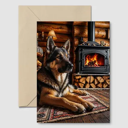 German Shepherd Resting By Cabin Fireplace