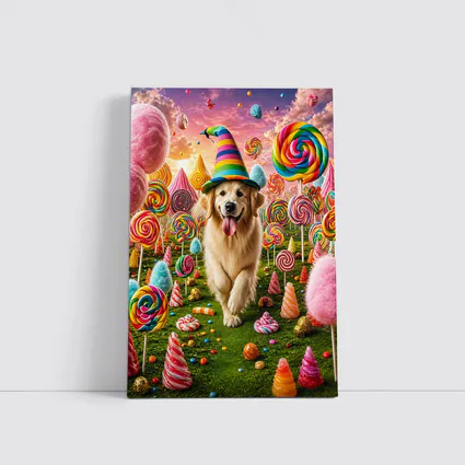 Golden Retriever in Colorful Candy Fantasy Land