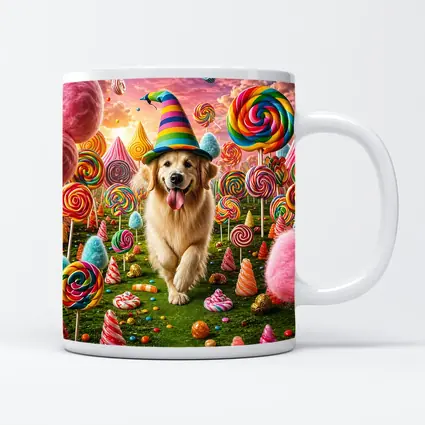 Golden Retriever in Colorful Candy Fantasy Land