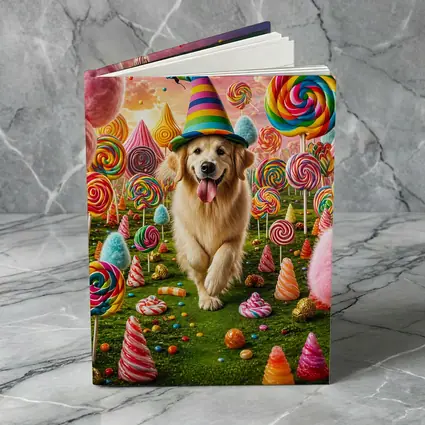 Golden Retriever in Colorful Candy Fantasy Land