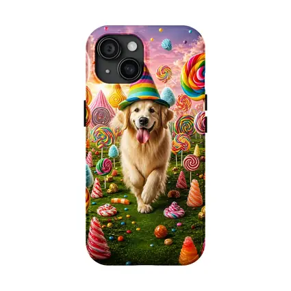 Golden Retriever in Colorful Candy Fantasy Land