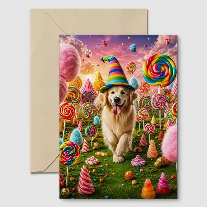 Golden Retriever in Colorful Candy Fantasy Land