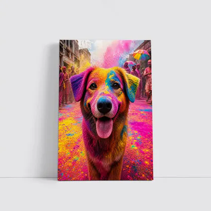 Dog Covered in Holi Festival Colors