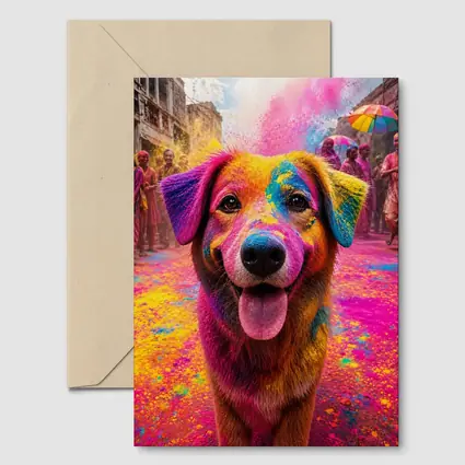 Dog Covered in Holi Festival Colors