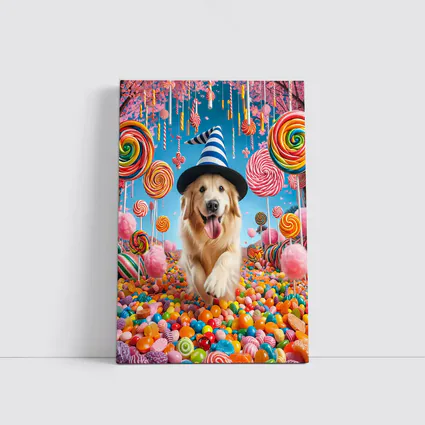 Golden Retriever Running Through Colorful Candy Land
