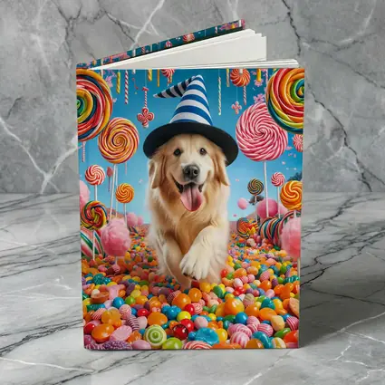 Golden Retriever Running Through Colorful Candy Land