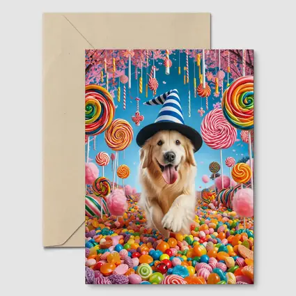 Golden Retriever Running Through Colorful Candy Land