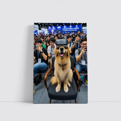 Golden Retriever Wearing VR Headset Tech Expo