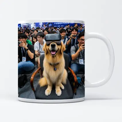 Golden Retriever Wearing VR Headset Tech Expo