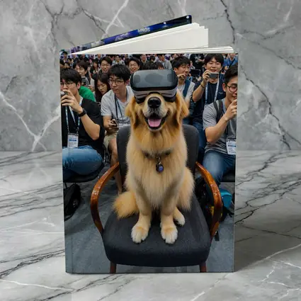 Golden Retriever Wearing VR Headset Tech Expo