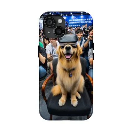 Golden Retriever Wearing VR Headset Tech Expo
