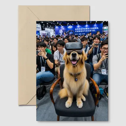 Golden Retriever Wearing VR Headset Tech Expo