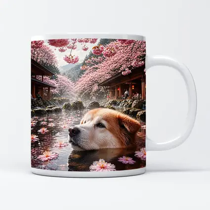 Akita Dog Relaxing Cherry Blossom Hot Spring