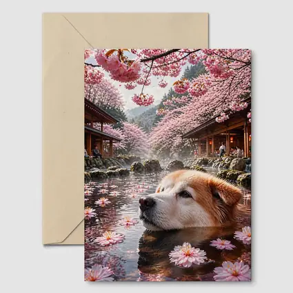 Akita Dog Relaxing Cherry Blossom Hot Spring