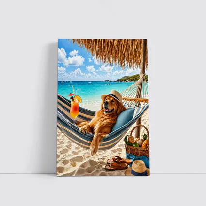 Golden Retriever Relaxing On Tropical Beach Hammock
