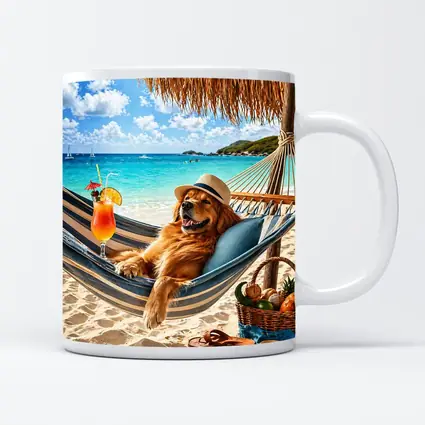 Golden Retriever Relaxing On Tropical Beach Hammock