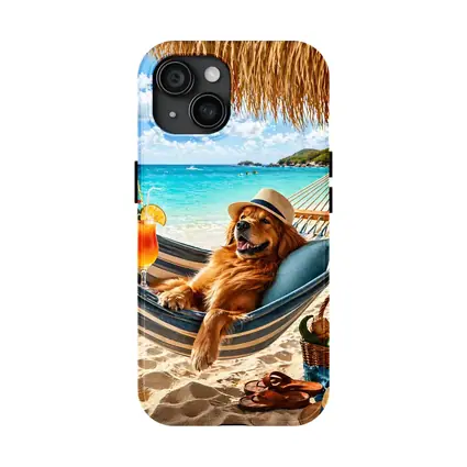 Golden Retriever Relaxing On Tropical Beach Hammock