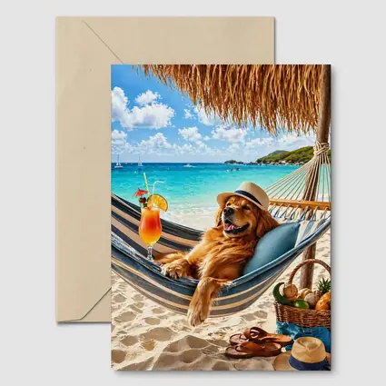 Golden Retriever Relaxing On Tropical Beach Hammock