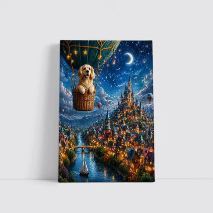 Golden Retriever Hot Air Balloon Fantasy Town