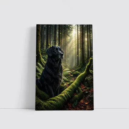 Black Labrador Sitting in Sunlit Forest