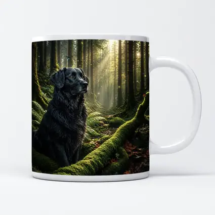 Black Labrador Sitting in Sunlit Forest