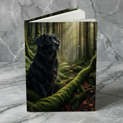 Black Labrador Sitting in Sunlit Forest