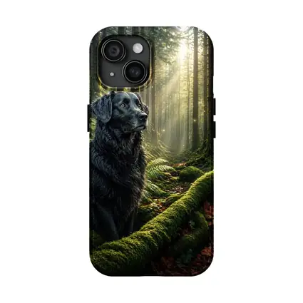 Black Labrador Sitting in Sunlit Forest