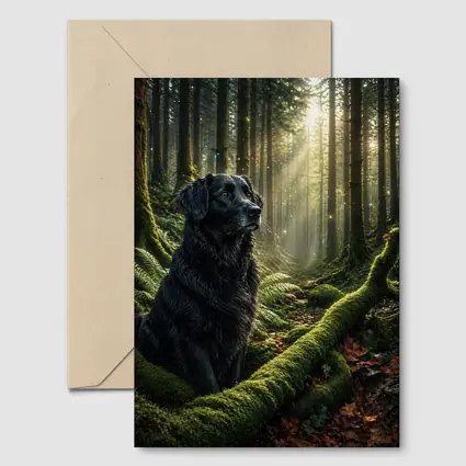 Black Labrador Sitting in Sunlit Forest