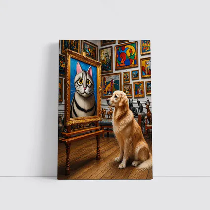 Golden Retriever Admiring Cat Portrait Art Gallery