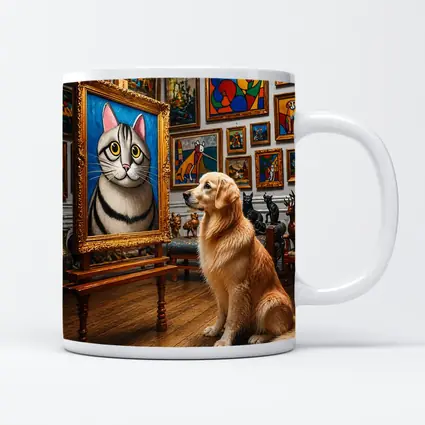 Golden Retriever Admiring Cat Portrait Art Gallery