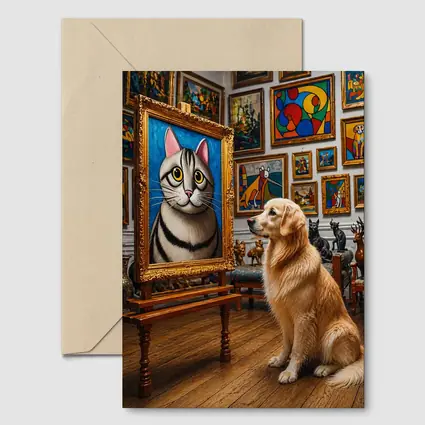 Golden Retriever Admiring Cat Portrait Art Gallery