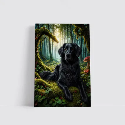 Black Dog Resting in Enchanted Mossy Forest