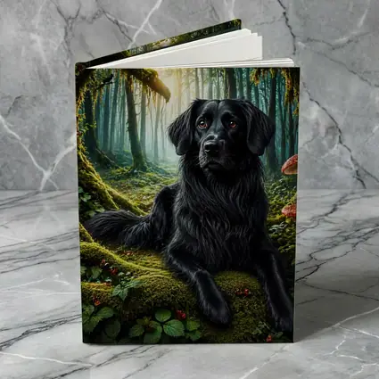 Black Dog Resting in Enchanted Mossy Forest