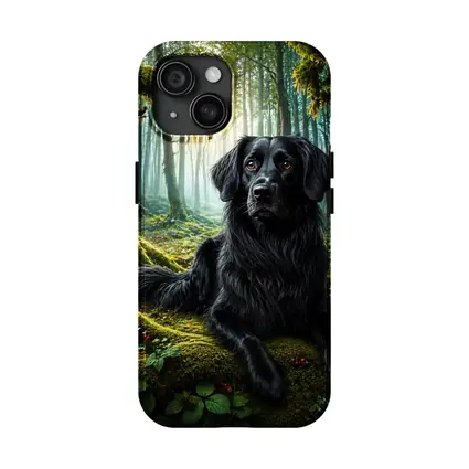 Black Dog Resting in Enchanted Mossy Forest